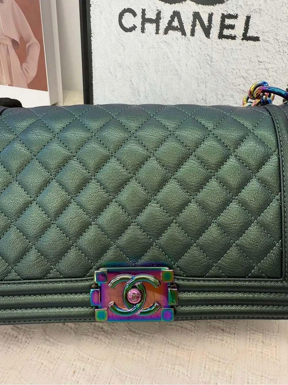 CHANEL LeBoy Iridescent Green Quilted Goatskin Flap Bag with Multicolor Hardware